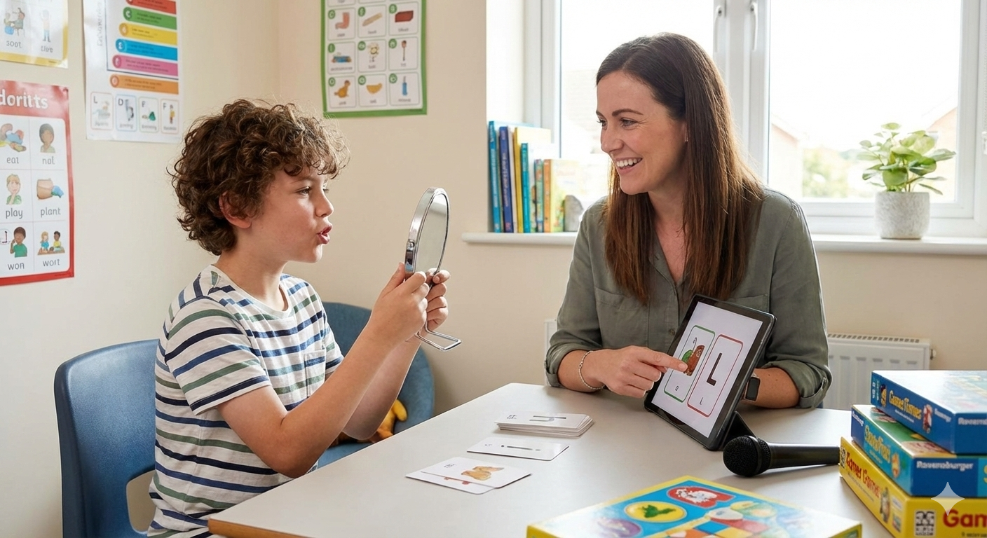 Speech therapy session with therapist and child