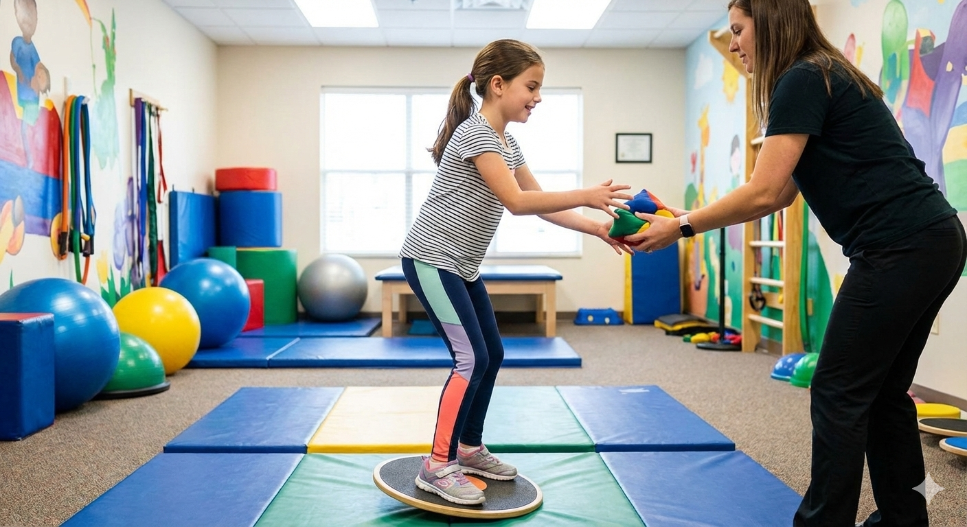 Child doing balance and coordination exercise in therapy